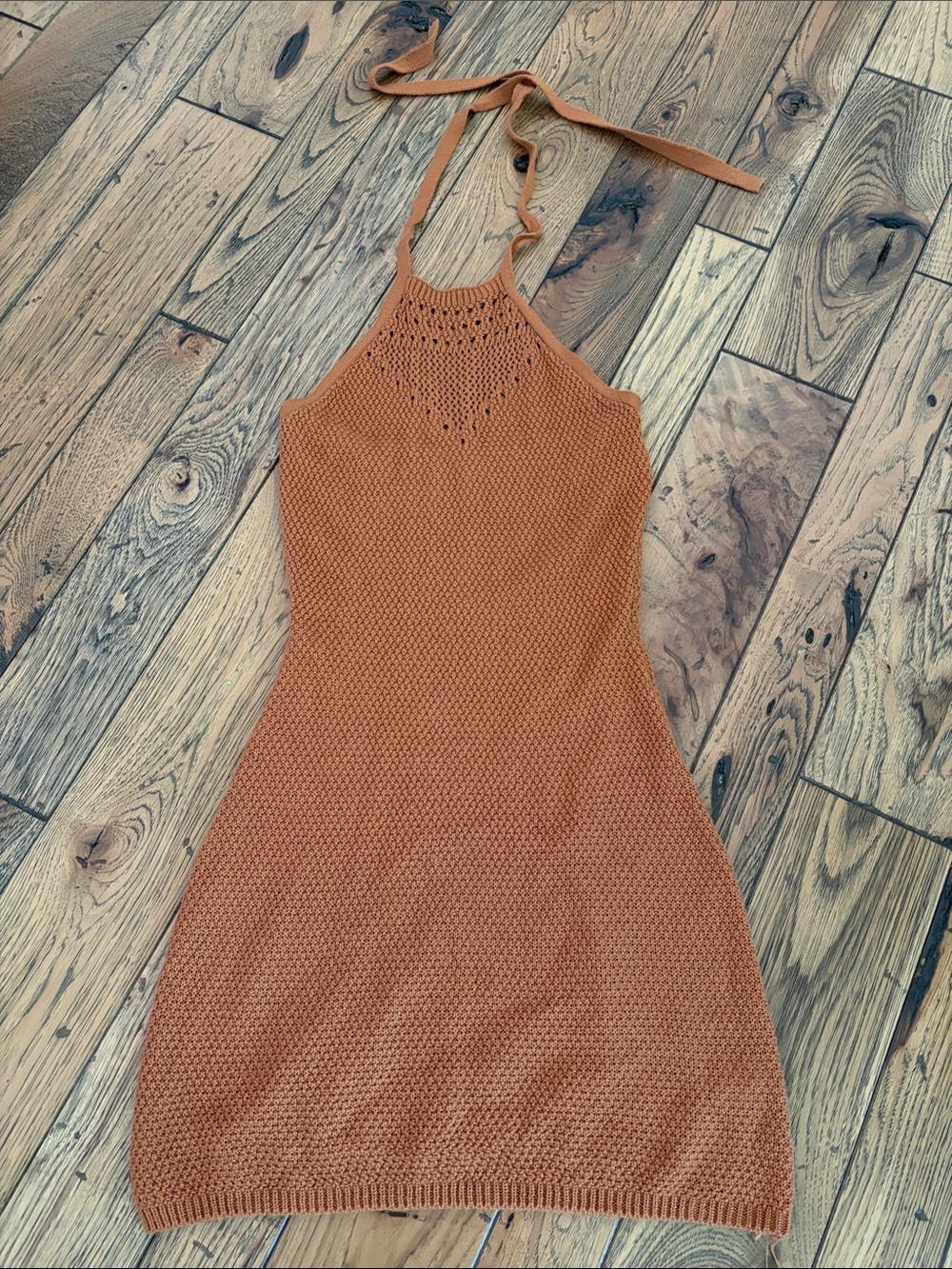 Ultra Flirt Rust Halter Knit Mini Dress with Tie Neck